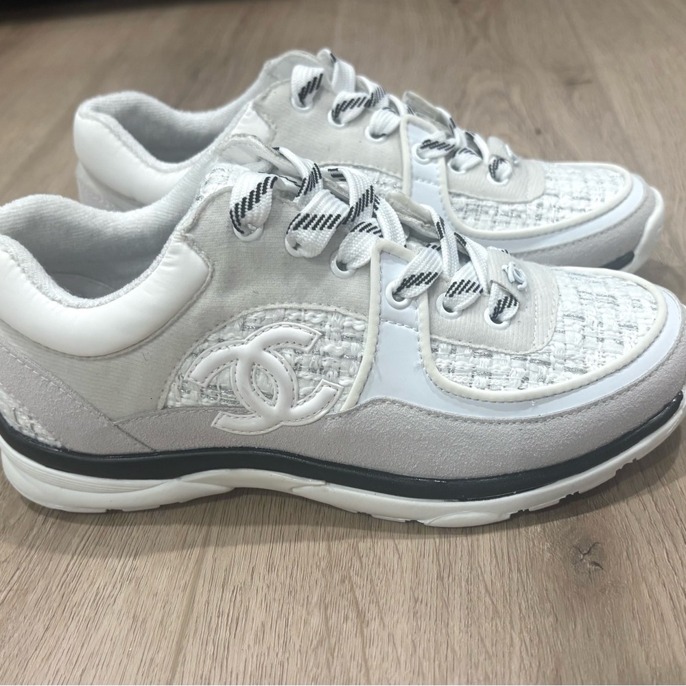 CHANEL White and Gray Tweed Sneakers